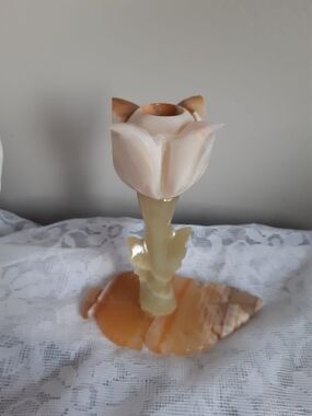 Carved Onyx Marble Candle Holder in Cream and Amber